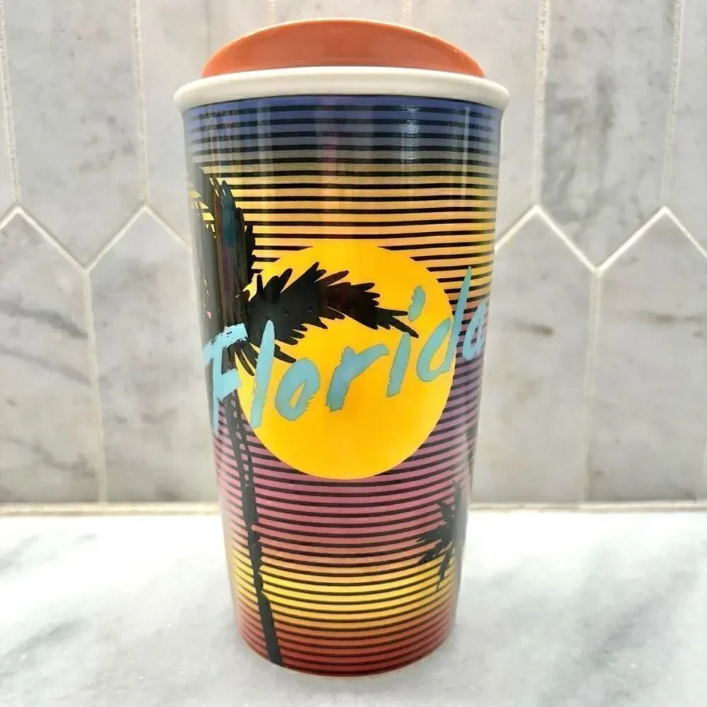 Vintage Starbucks Florida 2016 Sunset Palm Trees Ceramic Tumbler W/ Lid Multi 12
